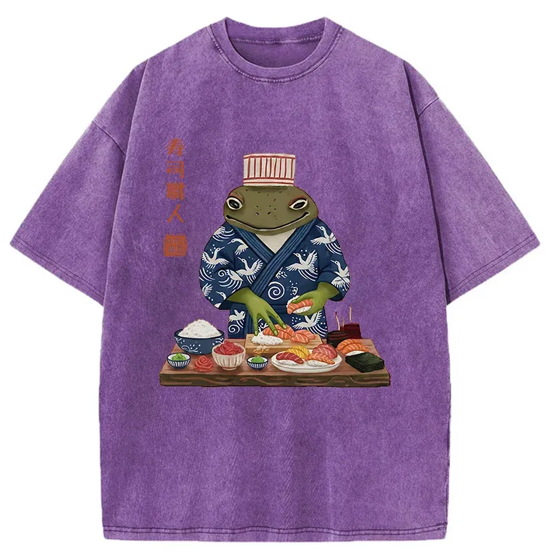 Tokyo-Tiger Frog Sushi Chef Washed T-Shirt