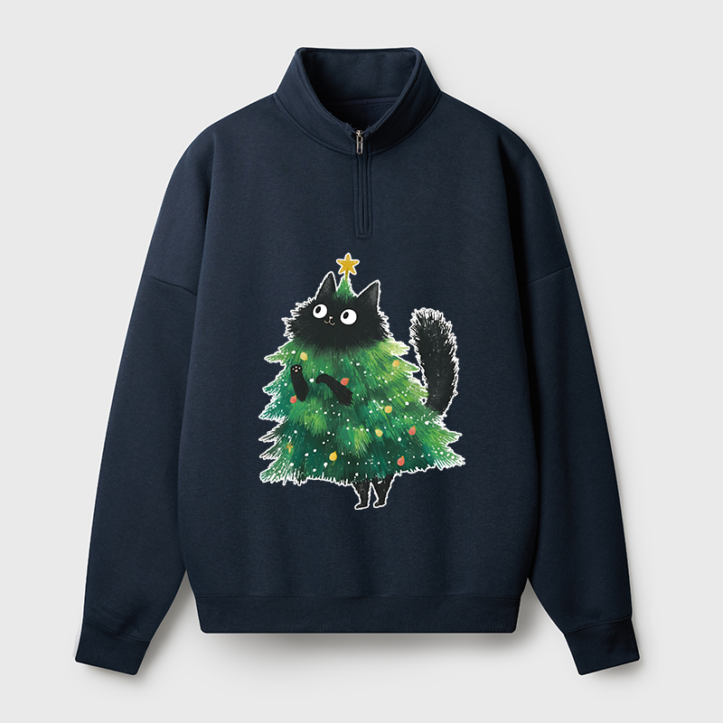 Tokyo-Tiger Christmas Tree Cat Japan Half Zip Fleece Sweatshirt