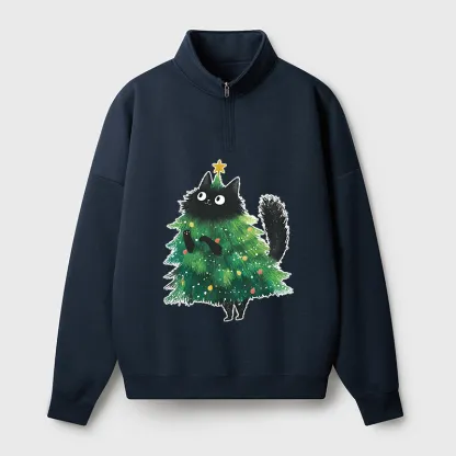 Tokyo-Tiger Christmas Tree Cat Japan Half Zip Fleece Sweatshirt