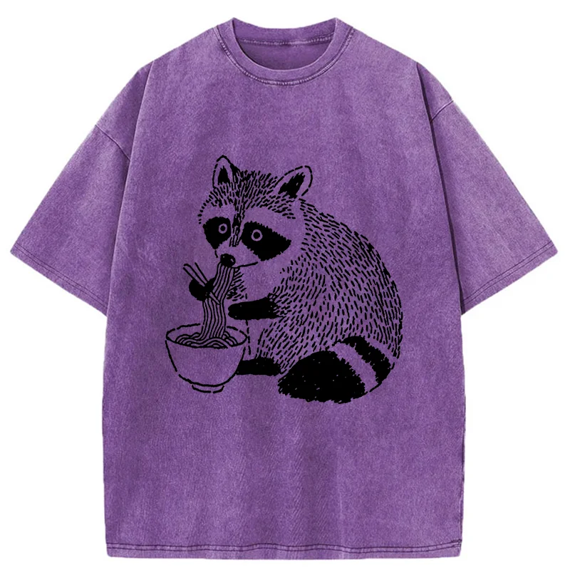 Tokyo-Tiger Cute Raccoon Eating Ramen Washed T-Shirt