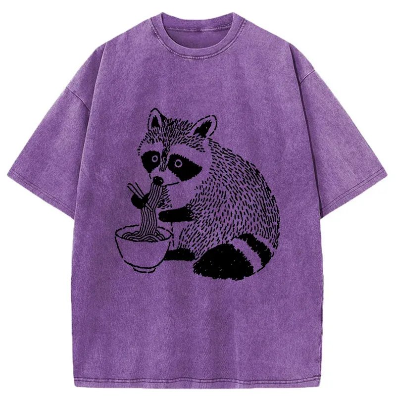 Tokyo-Tiger Cute Raccoon Eating Ramen Washed T-Shirt