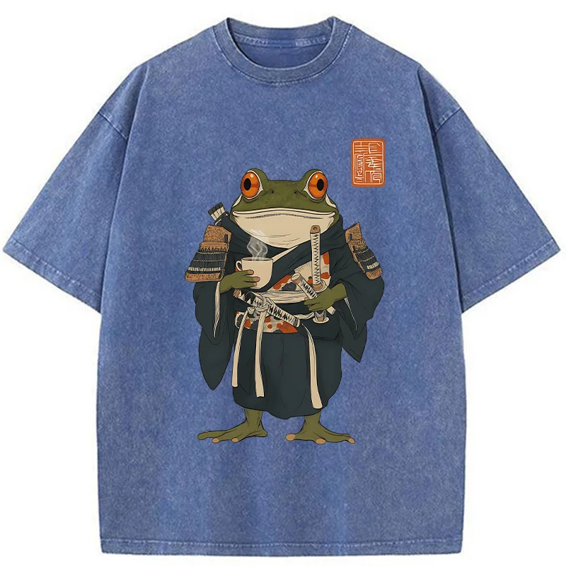 Tokyo-Tiger Frog Samurai Drinking Tea Washed T-Shirt