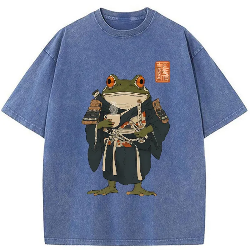 Tokyo-Tiger Frog Samurai Drinking Tea Washed T-Shirt