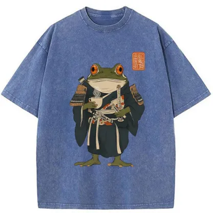 Tokyo-Tiger Frog Samurai Drinking Tea Washed T-Shirt