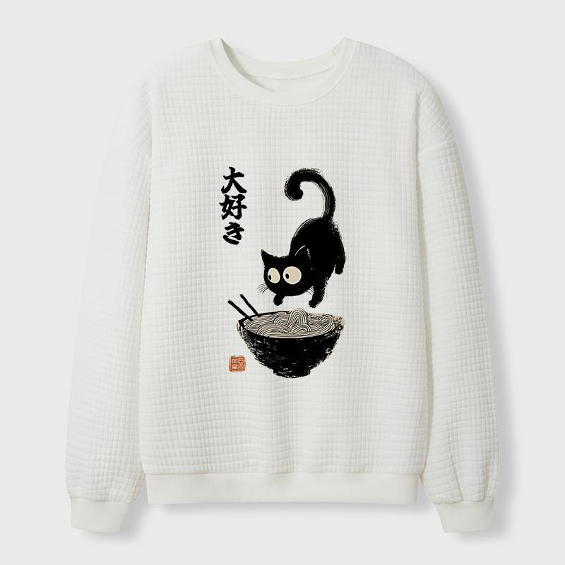 Tokyo-Tiger Retro Cat Eats Delicious Ramen Waffle Sweatshirt