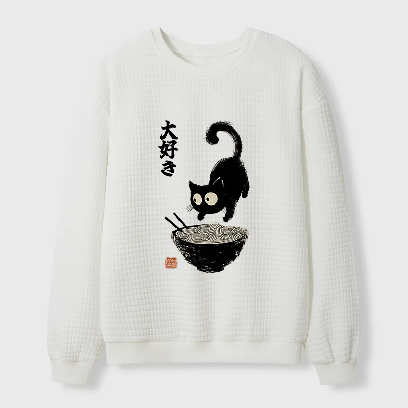 Tokyo-Tiger Retro Cat Eats Delicious Ramen Waffle Sweatshirt