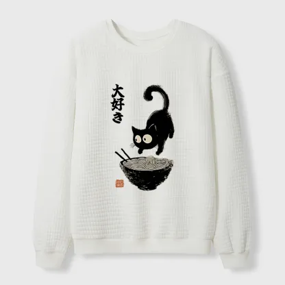 Tokyo-Tiger Retro Cat Eats Delicious Ramen Waffle Sweatshirt