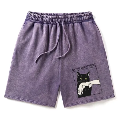 Tokyo-Tiger Black Cat Biting Washed Shorts