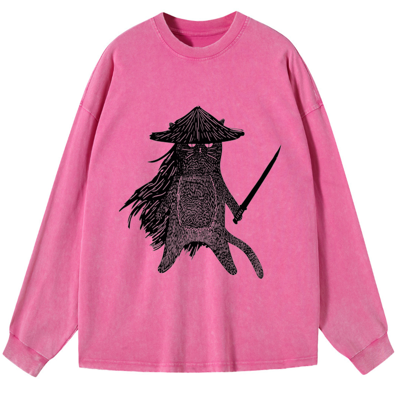 Tokyo-Tiger Japanese Samurai Cat Washed Long Sleeve T-Shirt