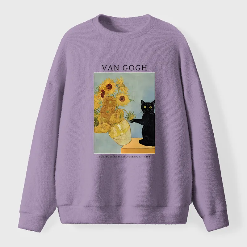 Tokyo-Tiger Black Cat With Sunflowers Fuzzy Sweatshirt