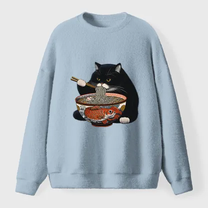 Tokyo-Tiger Fat Cat Eating Ramen Fuzzy Sweatshirt