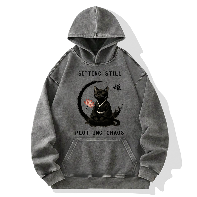 Tokyo-Tiger Sitting still  plotting chaos Calming Zen Cat Funny Washed Hoodie