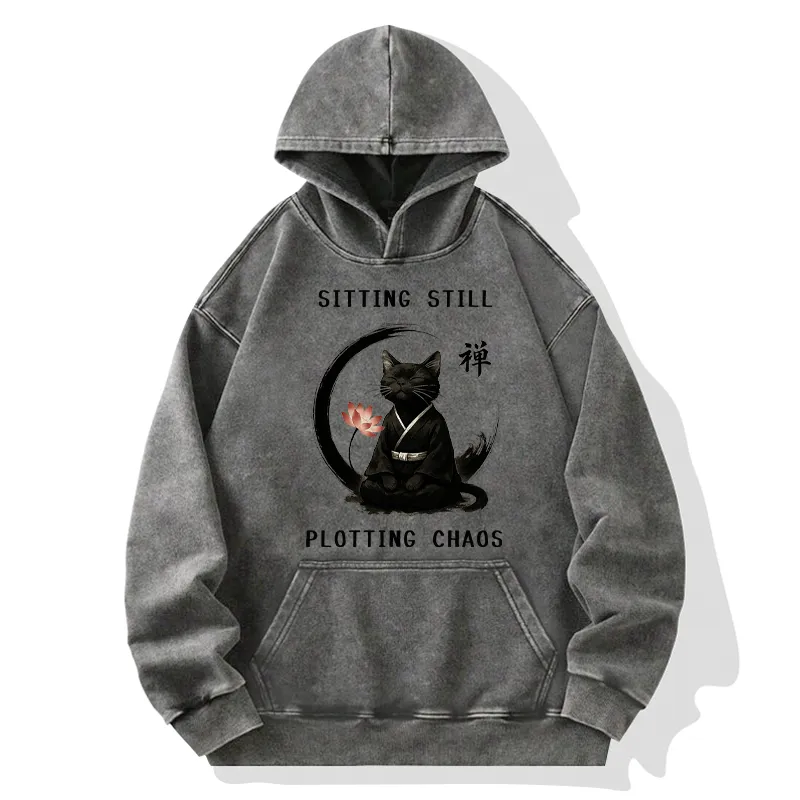Tokyo-Tiger Sitting still  plotting chaos Calming Zen Cat Funny Washed Hoodie