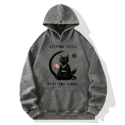 Tokyo-Tiger Sitting still  plotting chaos Calming Zen Cat Funny Washed Hoodie