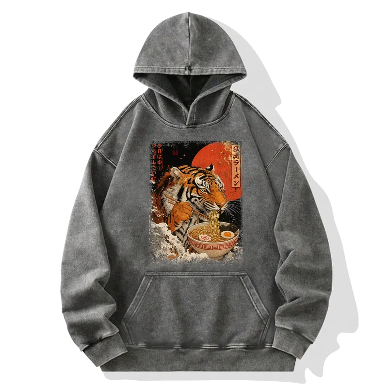 Tokyo-Tiger Ukiyoe Japan Tiger Eating Ramen Washed Hoodie
