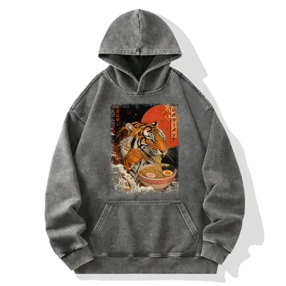 Tokyo-Tiger Ukiyoe Japan Tiger Eating Ramen Washed Hoodie