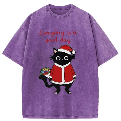 Tokyo-Tiger Christmas Cat Brings You Flowers Washed T-Shirt