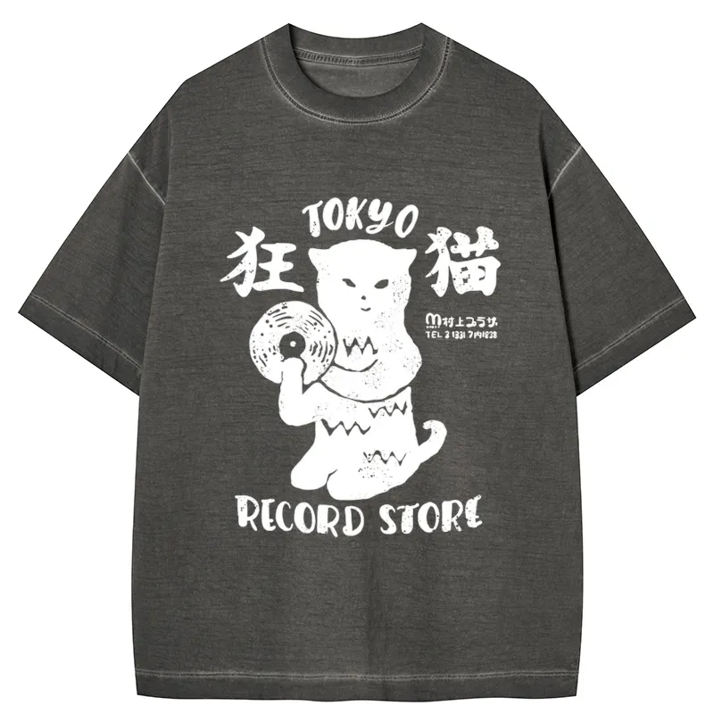 Tokyo-Tiger Tokyo Record Store Cat CD Gradient Washed T-Shirt