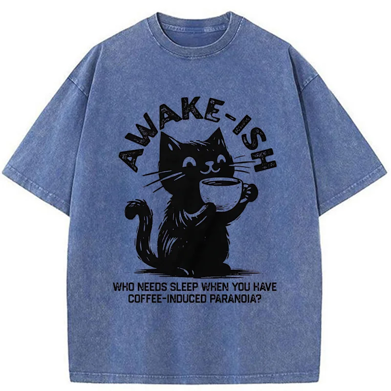 Tokyo-Tiger Staying Awake Because Of Coffee Washed T-Shirt