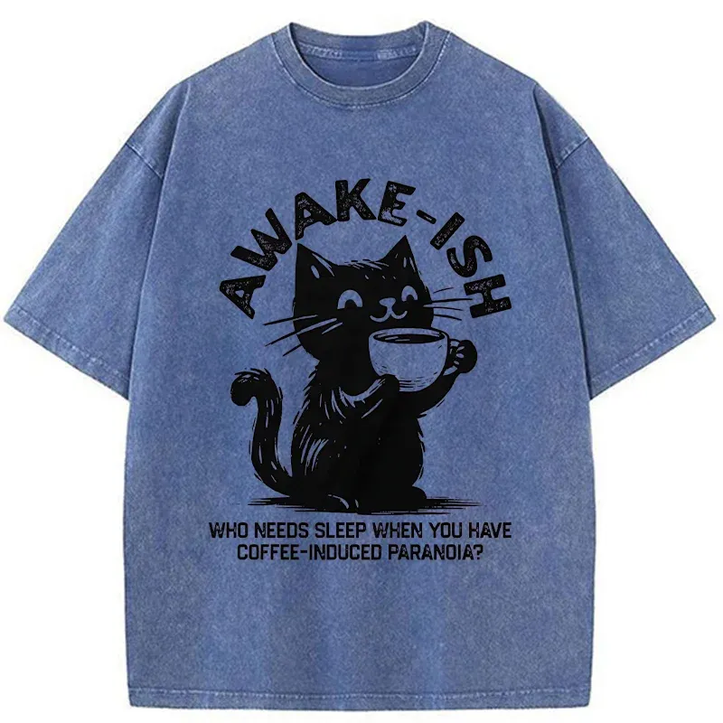 Tokyo-Tiger Staying Awake Because Of Coffee Washed T-Shirt