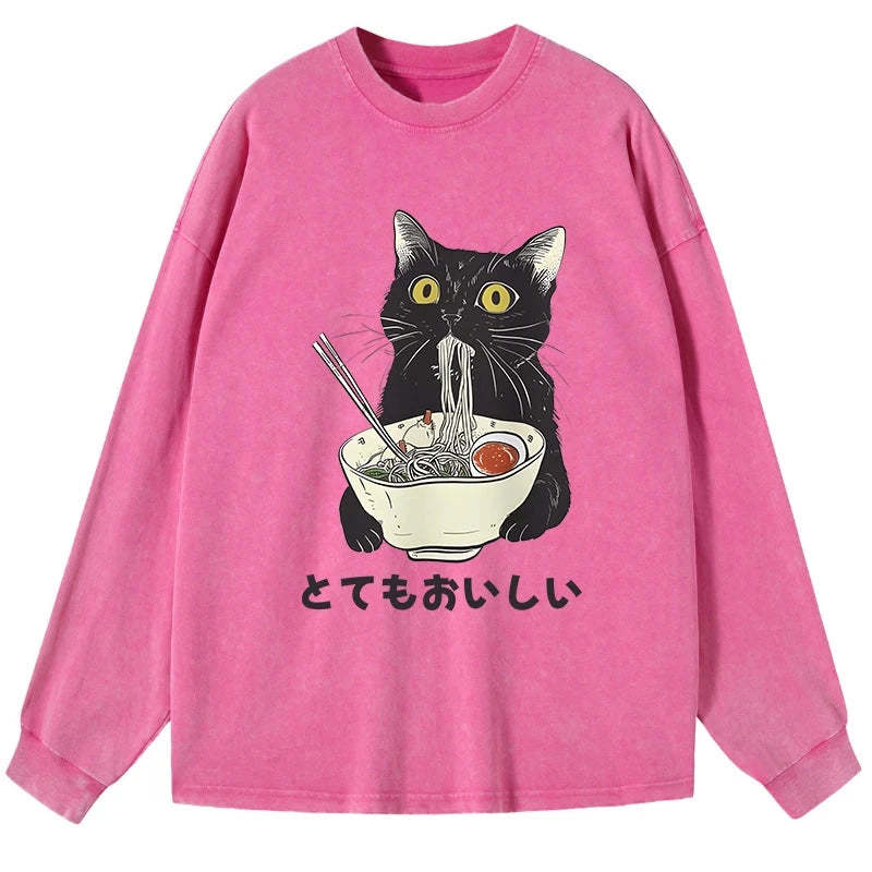 Tokyo-Tiger Cats Eat Ramen Noodles Washed Long Sleeve T-Shirt