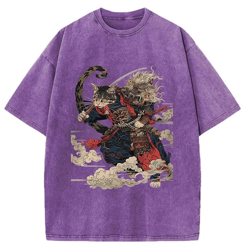 Tokyo-Tiger Gorgeous Samurai Cat Washed T-Shirt