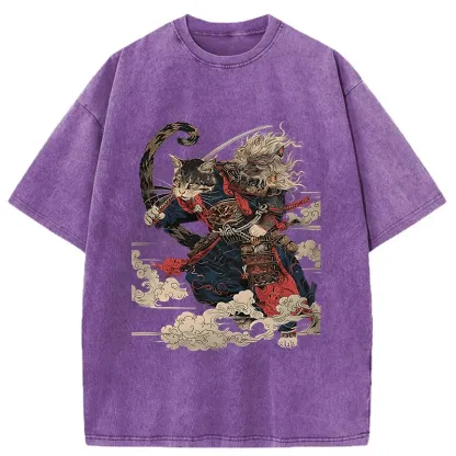 Tokyo-Tiger Gorgeous Samurai Cat Washed T-Shirt