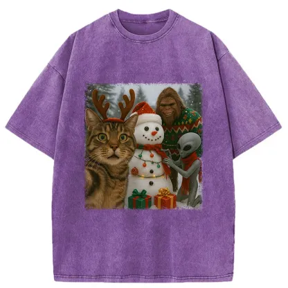 Tokyo-Tiger Christmas Cat Selfie Funny Washed T-Shirt