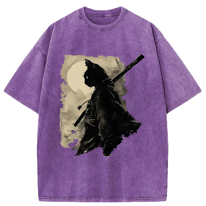 Tokyo-Tiger Under The Moon Cat Samurai Washed T-Shirt