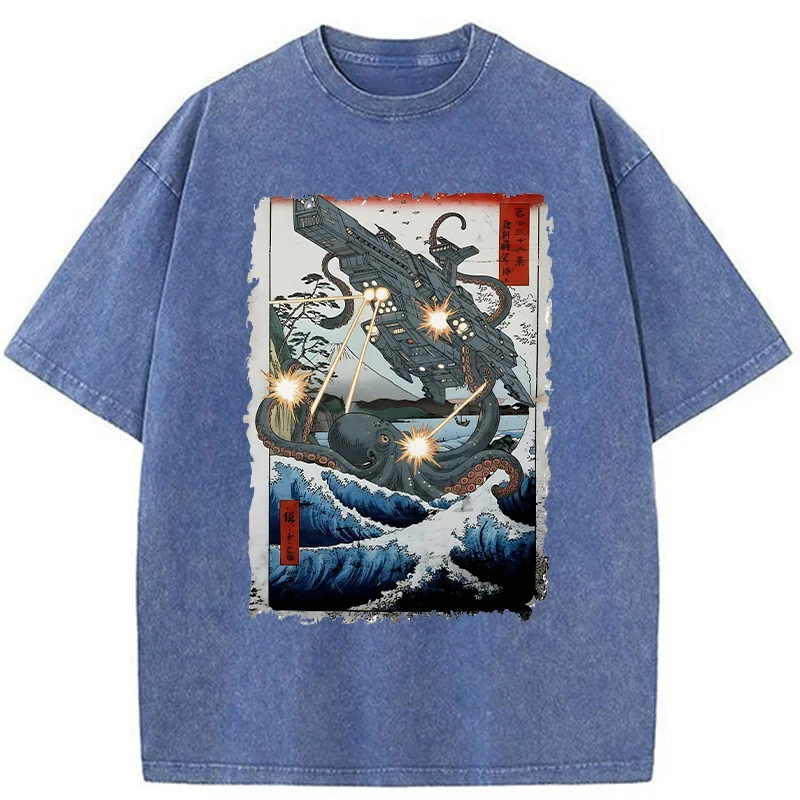 Tokyo-Tiger Octopus VS Spaceship Washed T-Shirt