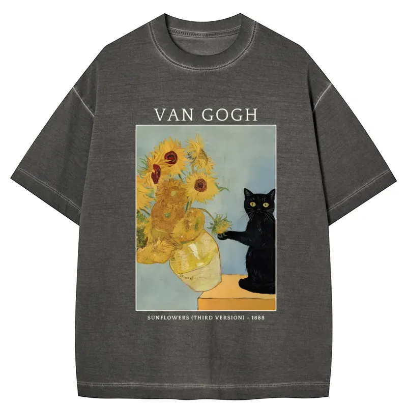 Tokyo-Tiger Black Cat With Sunflowers Gradient Washed T-Shirt