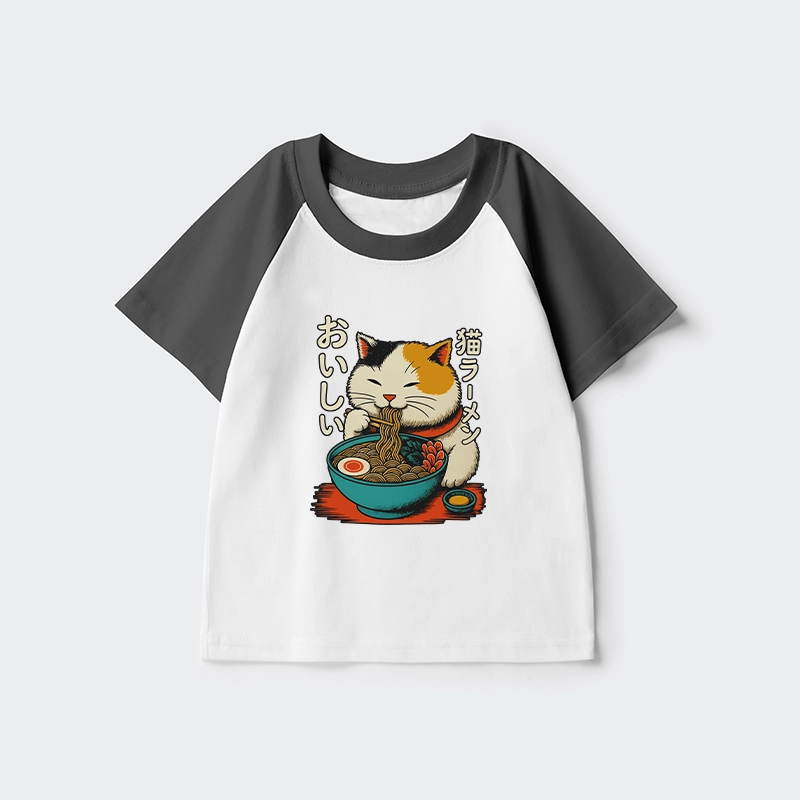 Tokyo-Tiger Cute Eat Eating Japanese Ramen Kids Raglan T-shirt