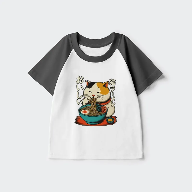 Tokyo-Tiger Cute Eat Eating Japanese Ramen Kids Raglan T-shirt