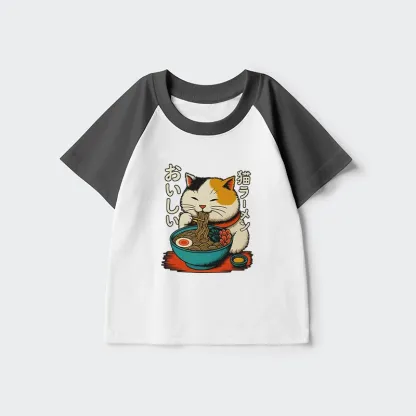 Tokyo-Tiger Cute Eat Eating Japanese Ramen Kids Raglan T-shirt