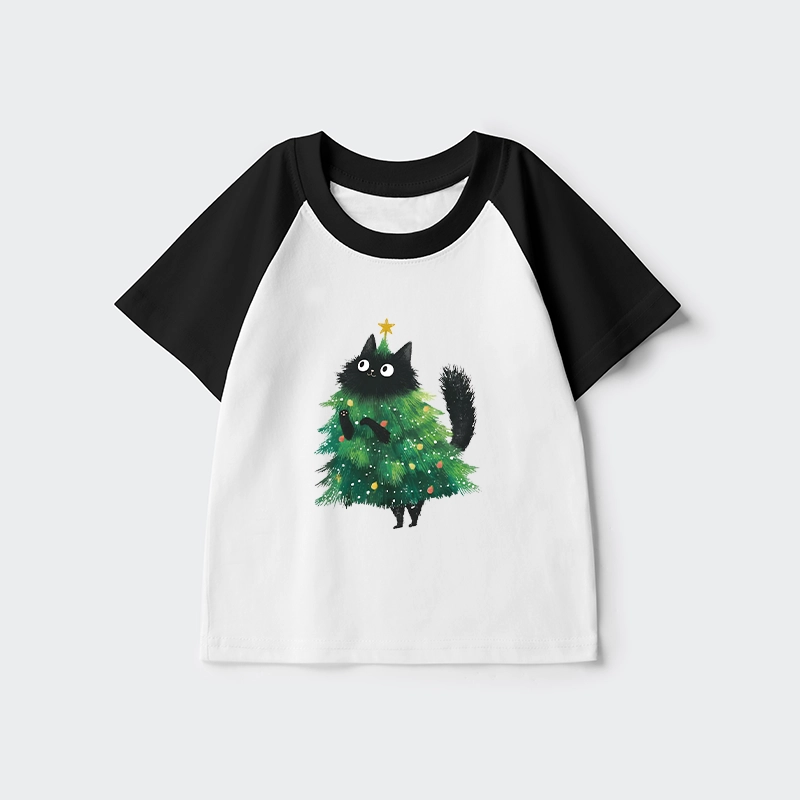 Tokyo-Tiger Christmas Tree Cat Japan Kids Raglan T-shirt