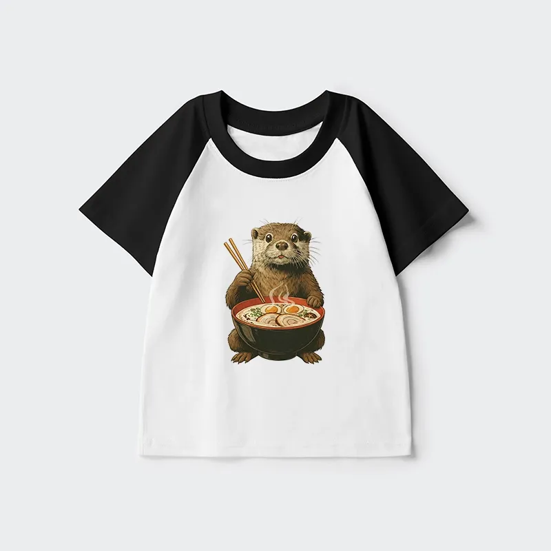 Tokyo-Tiger Japanese Otter Eating Ramen Kids Raglan T-shirt