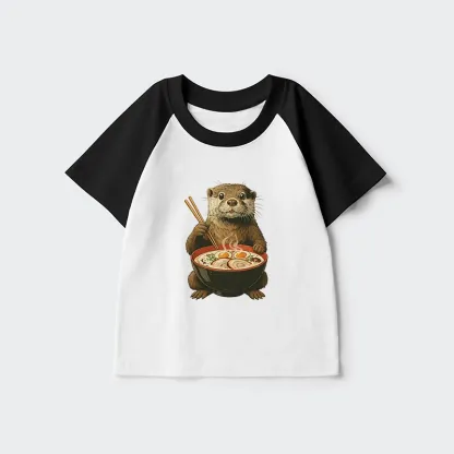 Tokyo-Tiger Japanese Otter Eating Ramen Kids Raglan T-shirt