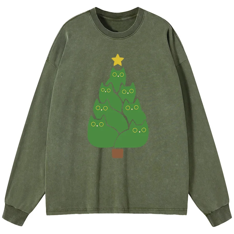 Tokyo-Tiger Christmas Tree Cat Japanese Washed Long Sleeve T-Shirt