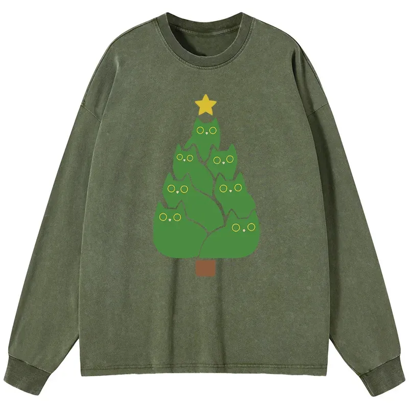 Tokyo-Tiger Christmas Tree Cat Japanese Washed Long Sleeve T-Shirt