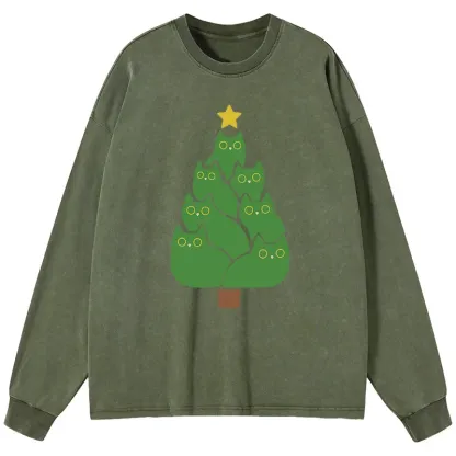 Tokyo-Tiger Christmas Tree Cat Japanese Washed Long Sleeve T-Shirt