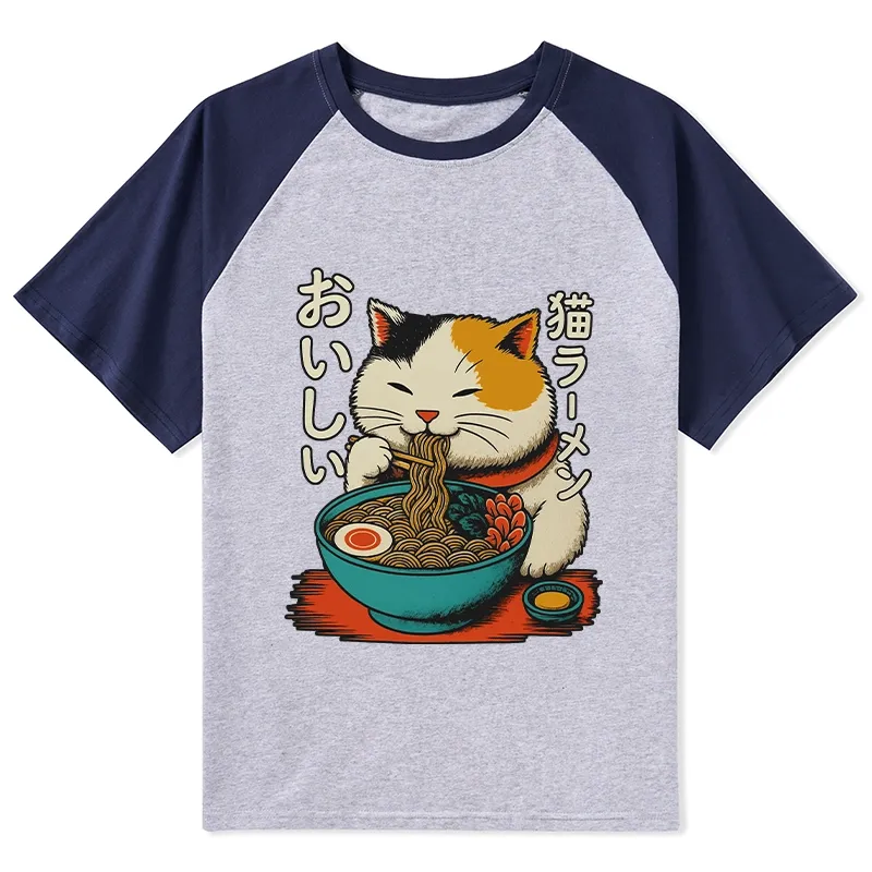 Tokyo-Tiger Cute Eat Eating Japanese Ramen Raglan T-shirt