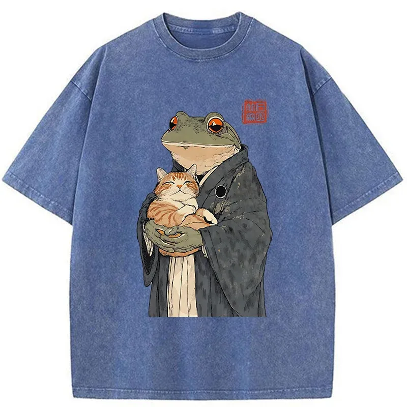Tokyo-Tiger A Frog Holding A Cat Washed T-Shirt