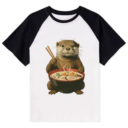 Tokyo-Tiger Japanese Otter Eating Ramen Raglan T-shirt