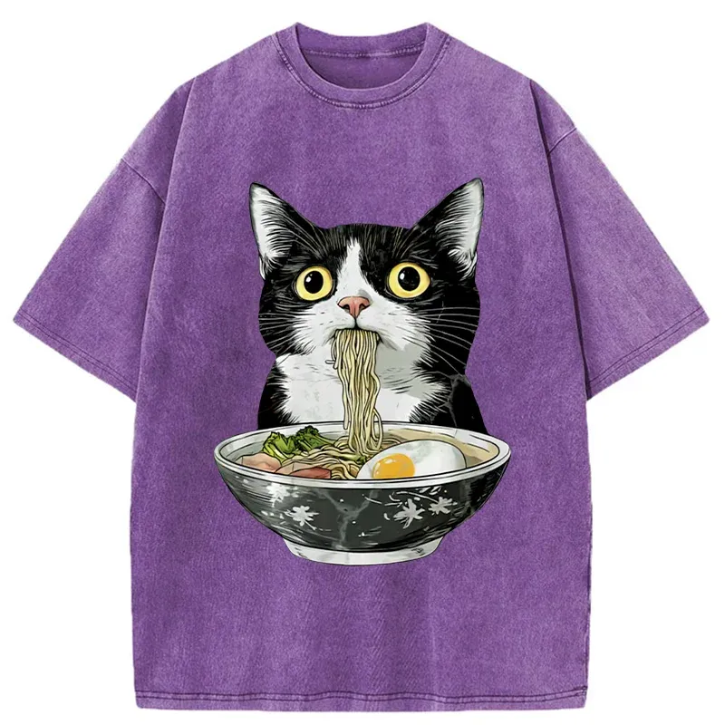 Tokyo-Tiger Cute Cat Eating Japan Ramen Washed T-Shirt