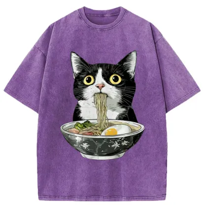 Tokyo-Tiger Cute Cat Eating Japan Ramen Washed T-Shirt