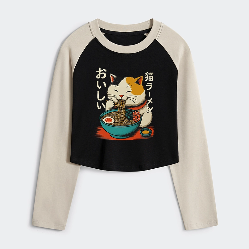Tokyo-Tiger Cute Eat Eating Japanese Ramen Women's Crop Raglan T-Shirt