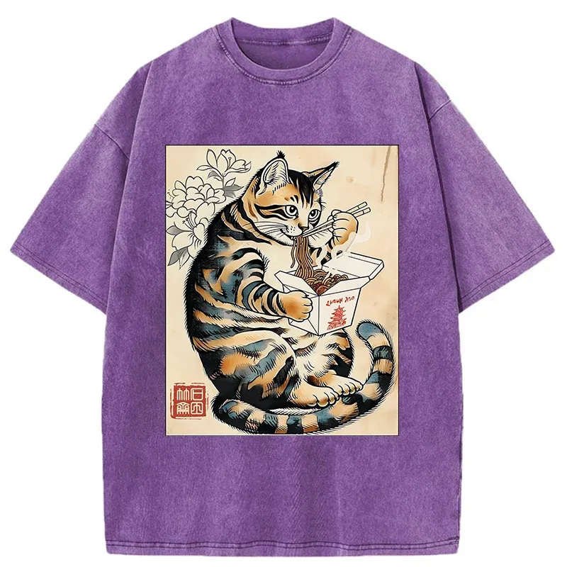 Tokyo-Tiger Cat Eating Takeout Washed T-Shirt