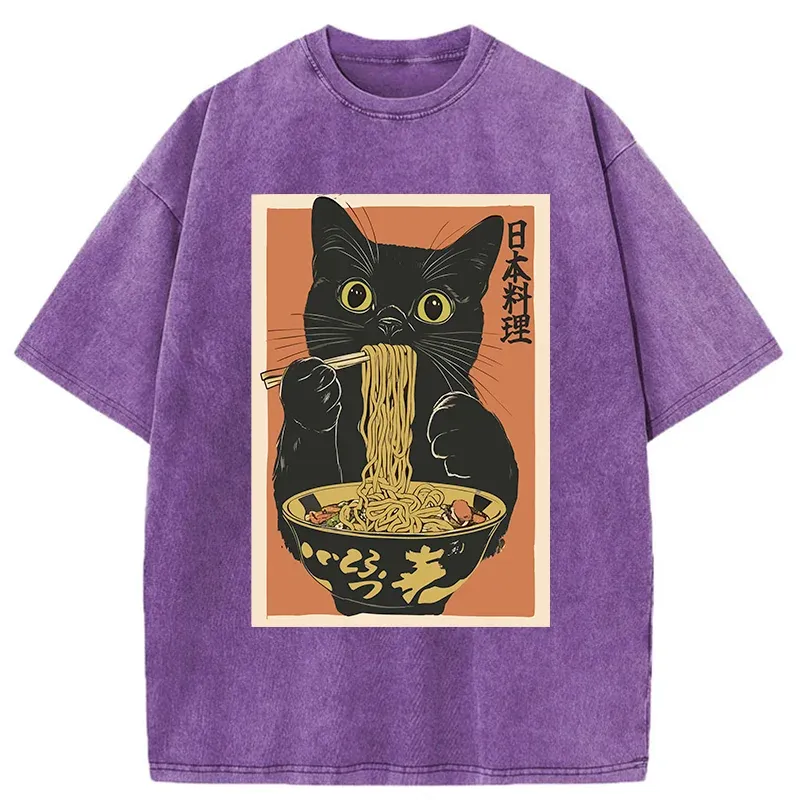 Tokyo-Tiger Black Cat Eats Japan Ramen Washed T-Shirt