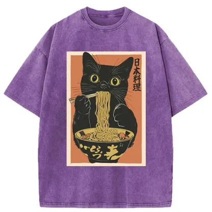 Tokyo-Tiger Black Cat Eats Japan Ramen Washed T-Shirt