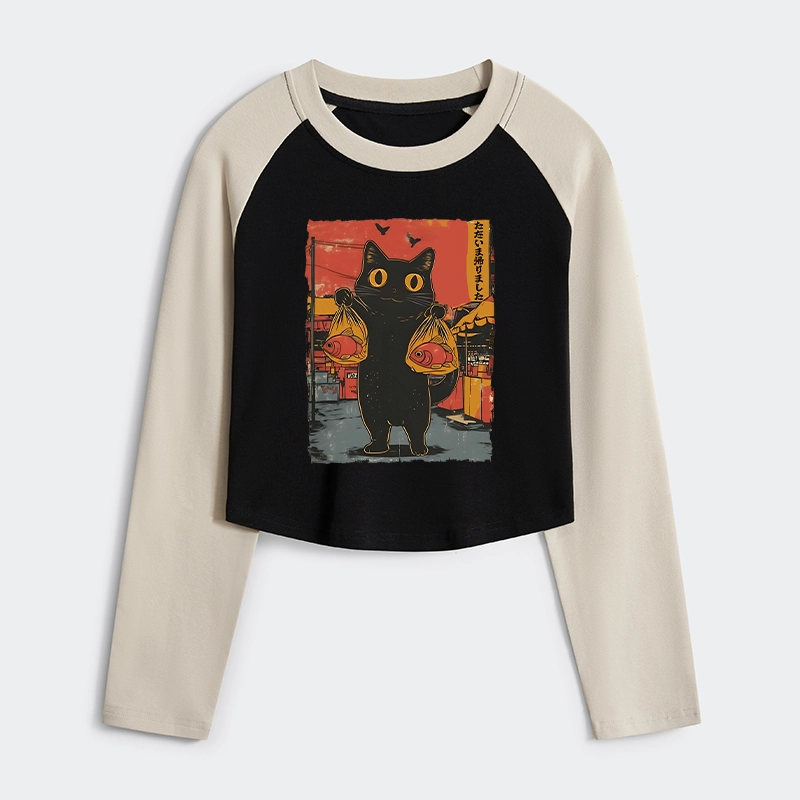Tokyo-Tiger Cat Fishing Japanese Women's Crop Raglan T-Shirt